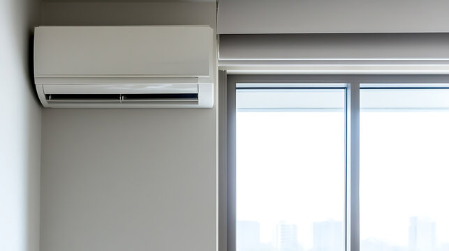 A serene indoor shot featuring a sleek air conditioner unit mounted on a wall next to a bright window, creating a cool and comfortable atmosphere in a minimalist space. - Powered by Adobe