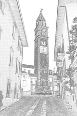 Illustrierte Zeichnung eines Kirchturm mit Turmuhr in einer Gasse