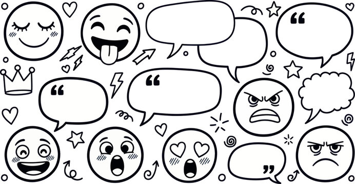 Collection of handdrawn emoji faces and speech bubbles with various expressions and emotions