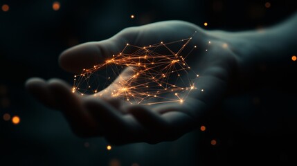 Human Hand Holding a Glowing Orange Network Mesh Representing Global Connection
