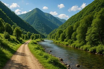 A peaceful dirt road meandering through lush green mountain valleys, a river running parallel to the path.