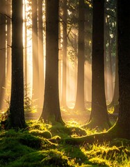 Sunlit Forest - A Serene Woodland Scene with Golden Light.