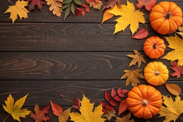 Creative autumn Halloween layout with various leaves and pumkins on dark wooden backgound. Flat lay