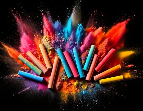 Vibrant chalk pastels exploding with color on black background 