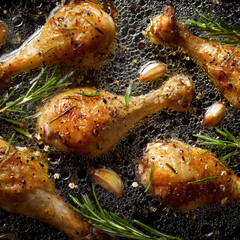 Chicken Drumsticks with Garlic and Rosemary in Oil, Top View Close-Up