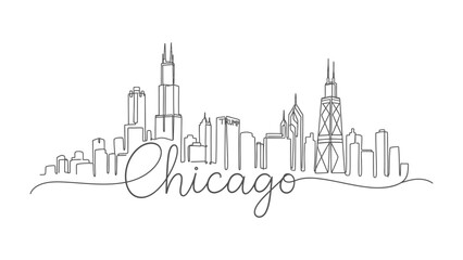 Obraz premium Chicago Skyline Illustration: A minimalist, one-line drawing captures the iconic skyline of Chicago, with its towering skyscrapers and elegant architecture outlined in a continuous stroke. 
