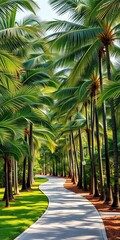 Obraz premium A winding path leads through a grove of tall coconut palm trees, creating an inviting tropical atmosphere, nature, grove