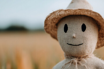 Close up of a scarecrow in a field. The scarecrow has a light beige colored face and a straw hat. The scarecrow is smiling with two black eyes in the middle of its face.