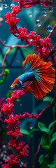 Fototapeta premium A colorful betta fish in a complex, winding aquatic path, colorful, fin