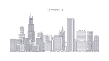 Naklejka premium Downtown Skyline: A sleek and modern monochrome illustration of an urban cityscape, showcasing iconic architecture and representing the essence of a vibrant city.