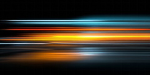 Horizontal streaks of bright blue and orange light illuminate a dark background suggesting fast motion or energy