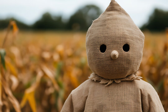 A scarecrow stands guard in a field, its burlap face a silent sentinel against the sky. The rustic figure watches over the autumnal crops, creating an eerie, rural scene. - Powered by Adobe