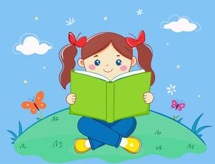 Charming Illustration of a Young Girl Reading a Book Outdoors
