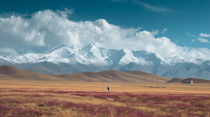 Snow-capped mountains in autumn, blue sky and white clouds