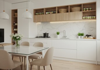 Modern open concept dining and kitchen area features clean lines and natural wood accents