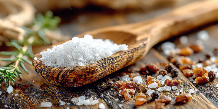 Wooden Spoon with Coarse White Sea Salt and Assorted Brown Spices on a Rustic Table