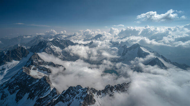 Snow-covered mountains, shrouded in clouds and mist