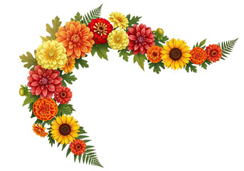 Obraz premium Vibrant autumn flower arrangement corner decoration with sunflowers dahlias and marigolds isolated on transparent background