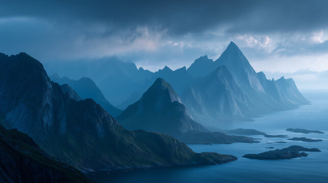 The mountains in a hazy blue hue - Powered by Adobe