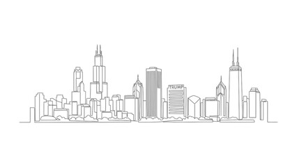 Obraz premium Cityscape Silhouette: A minimalist line drawing captures the essence of a modern urban skyline. With simple strokes, the artwork showcases towering skyscrapers, creating a sense of height and density.