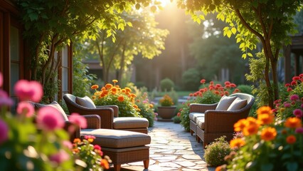 Fototapeta premium Wicker sofas facing each other on stone patio under lush green pergola with vibrant flowers, sunlit garden path in background, concept of outdoor furniture, garden design, luxury retreat
