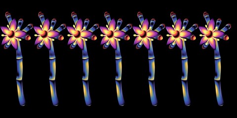 Repeating Pattern of Neon Bamboo Flowers on Black - 1