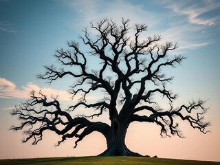 Ancient oak tree silhouette, gnarled limbs reaching, a symbol of enduring strength,  textured,  solitary