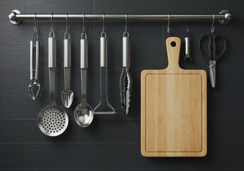 Assortment of metal cooking utensils and wooden food preparation board hanging against dark wall