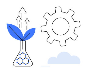 Flask with chemical structure sprouting leaves, gear symbolizing technology, cloud for connectivity. Ideal for science, technology, sustainability, innovation, eco-friendly practices, growth