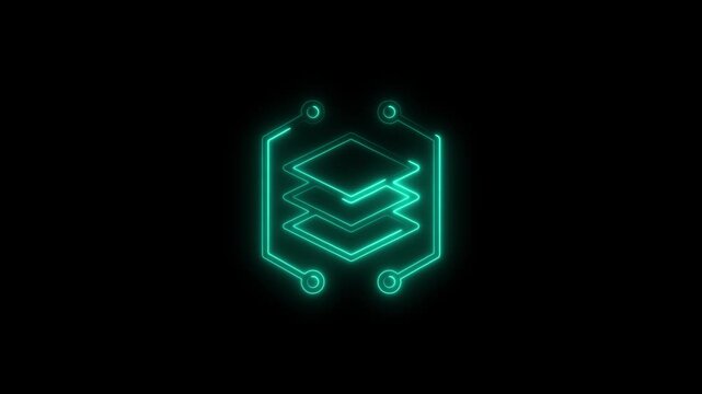 Teal Neon Stacked Layers Icon on Black Background symbol technology