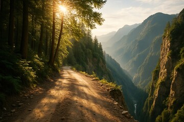 A dirt road on a mountain edge with steep drop-offs on one side and dense forest on the other, sunlight filtering through trees.