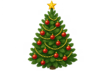 Christmas tree decorating with glowing star topper and red ornaments, a festive holiday seasonal symbol with transparent background