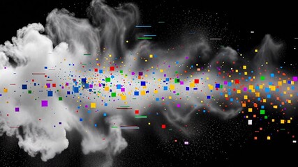 Abstract visualization of digital data stream with vibrant squares in a cloud formation - Powered by Adobe