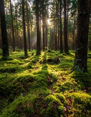 Sunlit Forest Floor - A Verdant Carpet of Moss and Towering Trees.