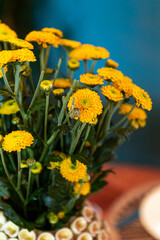 Yellow flowers in vase decorating colorful table