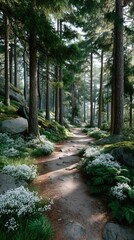 A Serene Woodland Path Lined with White Wildflowers and Towering Conifers Bathed in Soft Sunlight