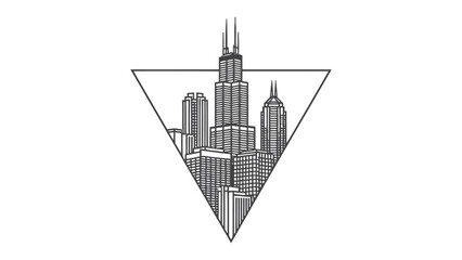 Cityscape in Geometric Frame: An abstract city skyline encased within a sleek, modern geometric triangle. a monochromatic illustration of iconic buildings.