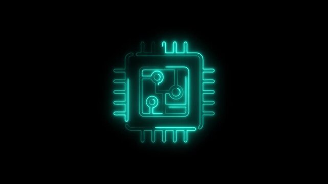 Cyan Neon Microchip Icon on Black Background processor computer