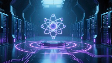Futuristic data center with glowing neon lights servers aligned in rows and a holographic atomic structure