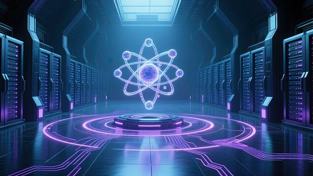 Futuristic data center with glowing neon lights servers aligned in rows and a holographic atomic structure