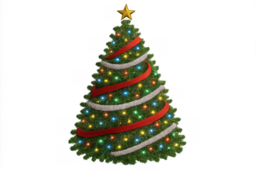 Christmas tree decorating festival holidays, glowing string lights and star topper, transparent background
