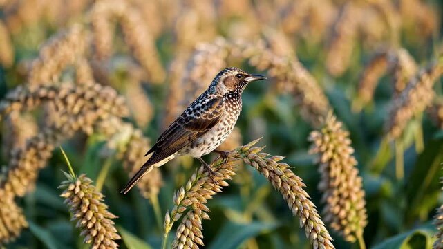 Bird perches on food crop branches Picture Bird perches on ears of rice
