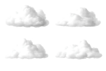 Four fluffy white cumulus clouds with soft edges and subtle shading, cutout, PNG isolated on white or transparent background