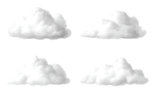 Four fluffy white cumulus clouds with soft edges and subtle shading, cutout, PNG isolated on white or transparent background