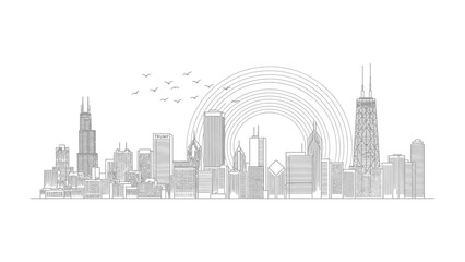 Naklejka premium Chicago Cityscape: An elegant line drawing captures the essence of the Chicago skyline, featuring iconic skyscrapers set against a symbolic sun, offering a sleek, architectural representation.