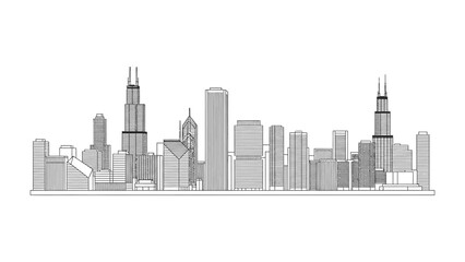 Obraz premium Chicago Cityscape Skyline: A striking line art rendering of the iconic Chicago skyline, with skyscrapers and architectural wonders standing tall.