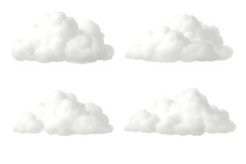 Four fluffy white cumulus clouds arranged in two rows weather, cutout, PNG isolated on white or transparent background