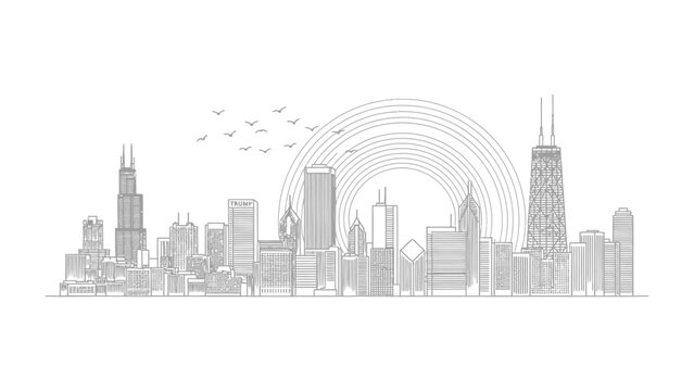 Chicago Cityscape: An elegant line drawing captures the essence of the Chicago skyline, featuring iconic skyscrapers set against a symbolic sun, offering a sleek, architectural representation.