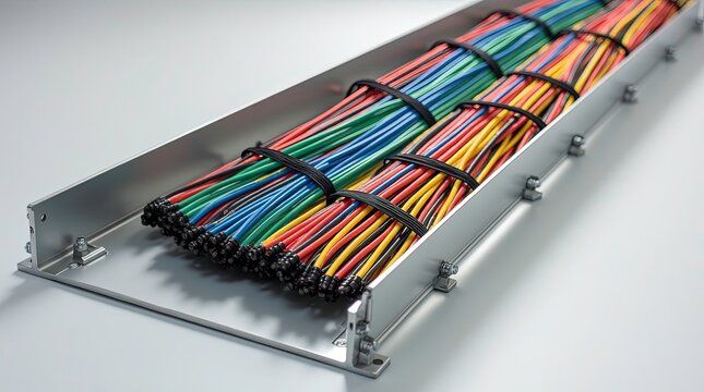 A neatly organized bundle of colorful electrical cables secured with black ties inside a metallic cable tray.