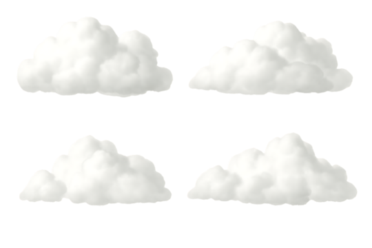 Four fluffy white cumulus clouds arranged in two rows weather, cutout, PNG isolated on white or transparent background